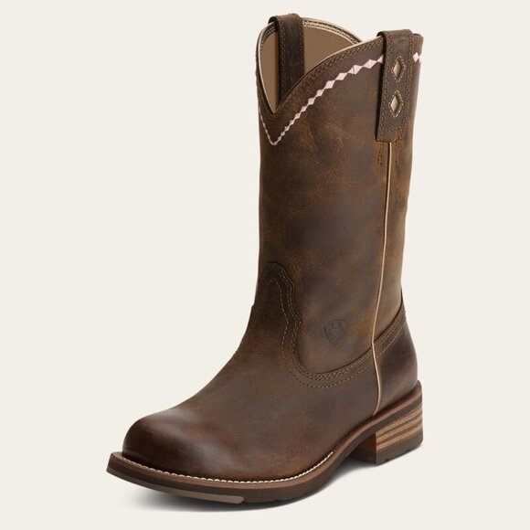 ARIAT Unbridled Roper Western Boot Distressed Brown Leather Pink Accents 8M - Picture 1 of 9